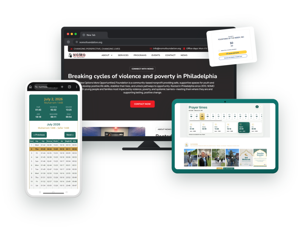Responsive mosque and nonprofit websites by Mission Web Agency shown on desktop, tablet and phone