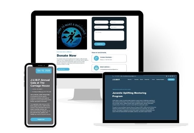 Juvenile Uplifting Mentor Program youth nonprofit website shown on laptop, tablet, and mobile, designed by Mission Web Agency