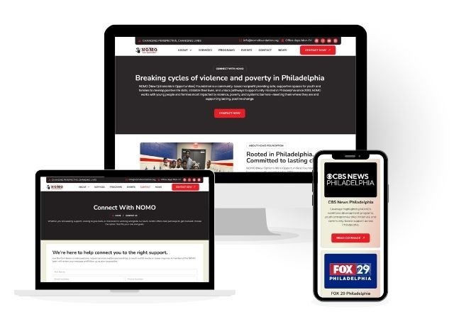 Nomo Foundation nonprofit website shown on laptop, tablet, and mobile, designed and developed by Mission Web Agency