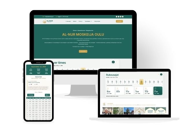 Nur Moskeija mosque website with prayer times shown on laptop, tablet, and mobile, designed by Mission Web Agency